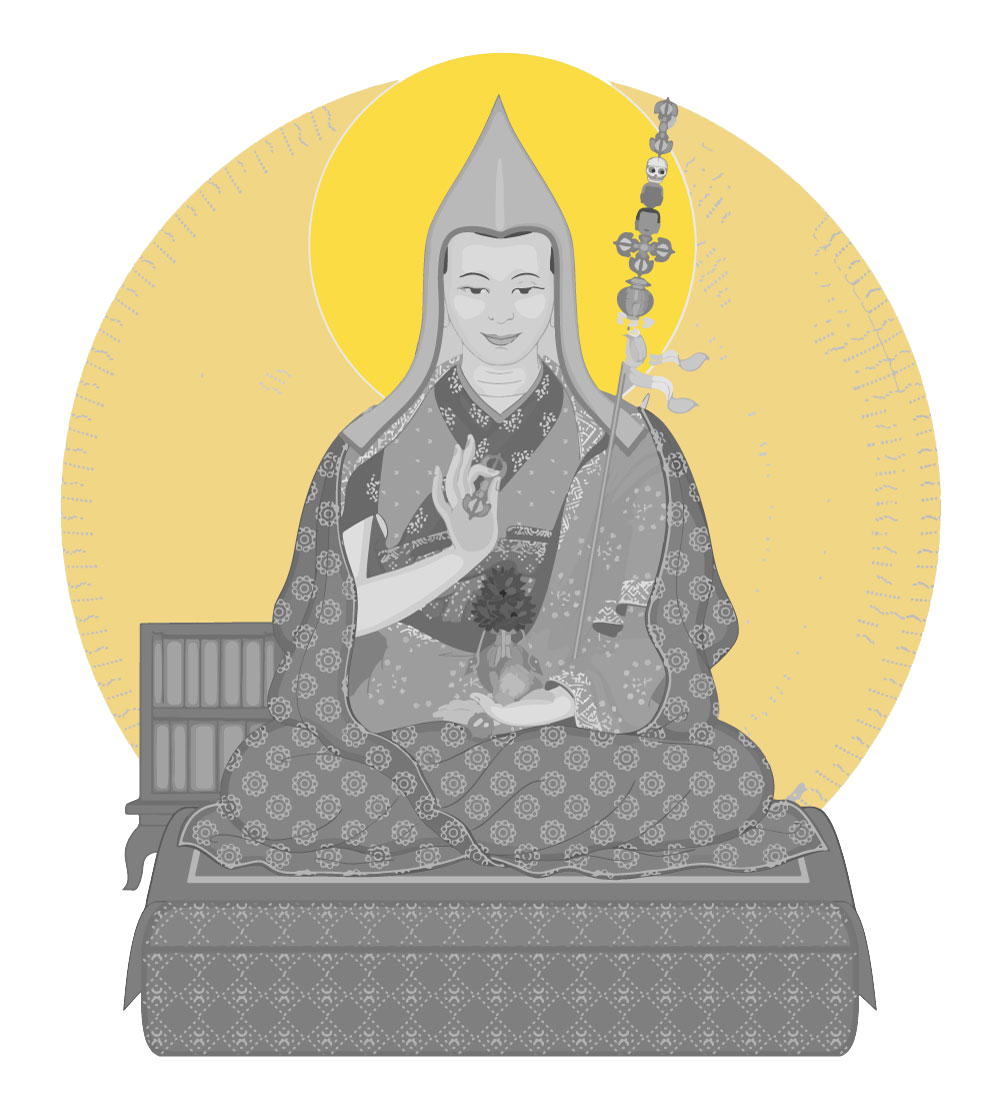 Venerable Geshe Kelsang Gyatso Rinpoche, the current holder of the Kadampa lineage and founder of the New Kadampa Tradition. “Geshe” means spiritual friend, “Kelsang” means good fortune, and “Gyatso” means ocean. Here he is depicted in the aspect of Je Tsongkhapa, showing his connection with Buddha Amitayus  and Buddha Heruka.