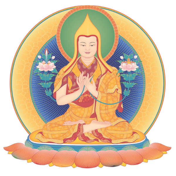 je-tsongkhapa-kadampa-buddhism-color Je Tsongkhapa, often refered to as the “Second Conqueror” Je Tsongkhapa was a great Tibetan Buddhist Master (AD 1357-1419), who spread a very pure Buddhadharma showing how to combine the practices of Sutra and Tantra. He was an emanation of the Wisdom Buddha Manjushri, as indicated by the Wisdom Sword to his left and the Perfection of Wisdom Sutra to his right. His tradition later became known as the new Kadampa, Gelug, or Ganden Tradition. He is often depicted with his two spiritual sons—Gyaltsabje on his right and Khedrubje on his left.